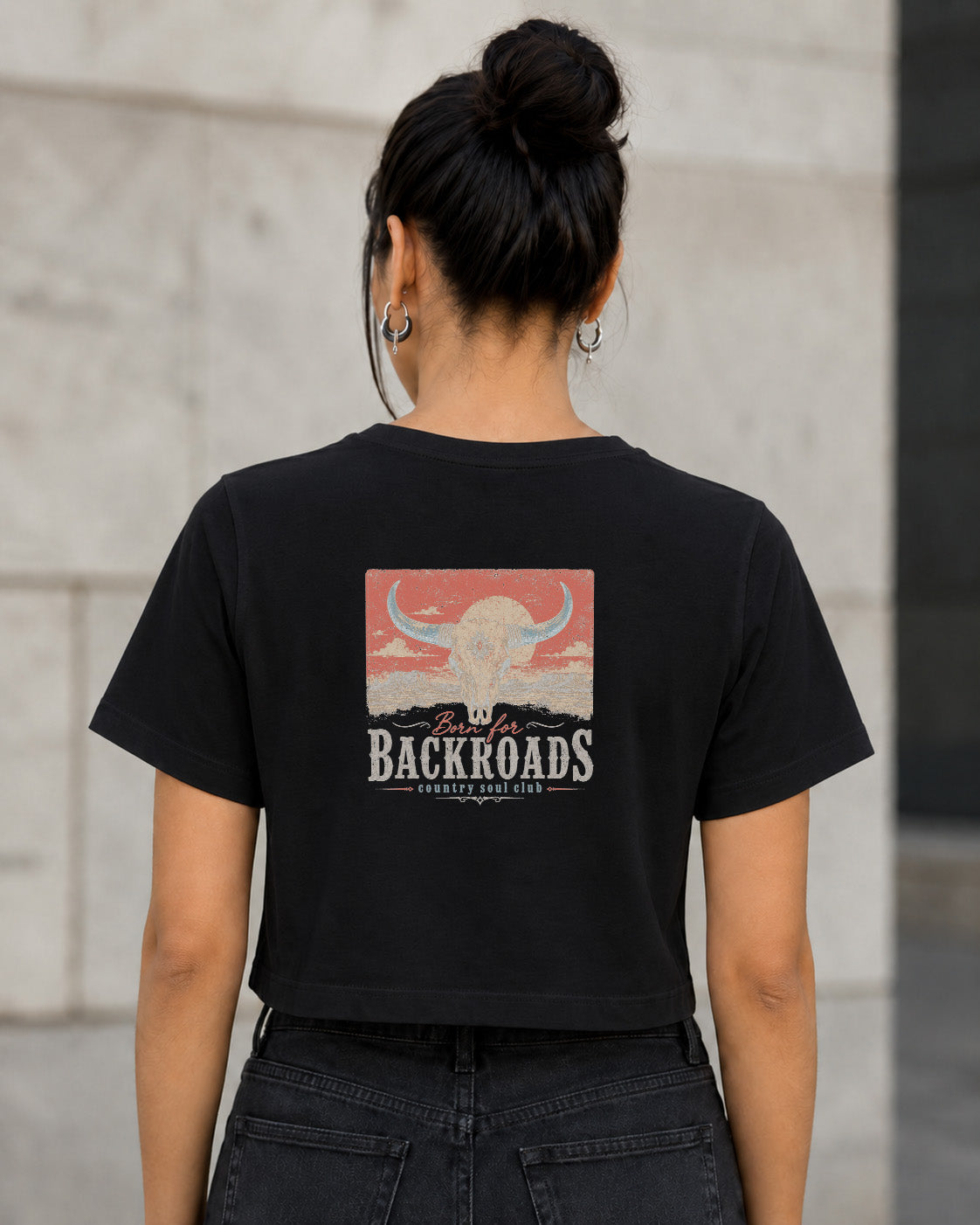 Backroads T-Shirt – Frauen Crop Shirt Schwarz, Rückenprint