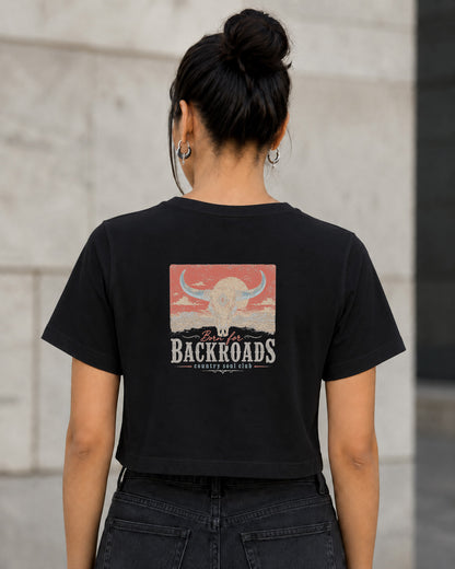 Backroads T-Shirt – Frauen Crop Shirt Schwarz, Rückenprint