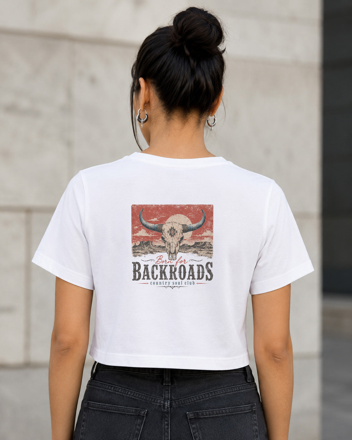 Backroads T-Shirt – Frauen Crop Shirt Weiss, Rückenprint