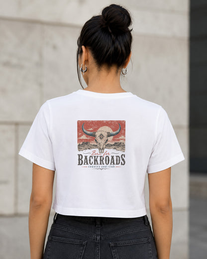 Backroads T-Shirt – Frauen Crop Shirt Weiss, Rückenprint