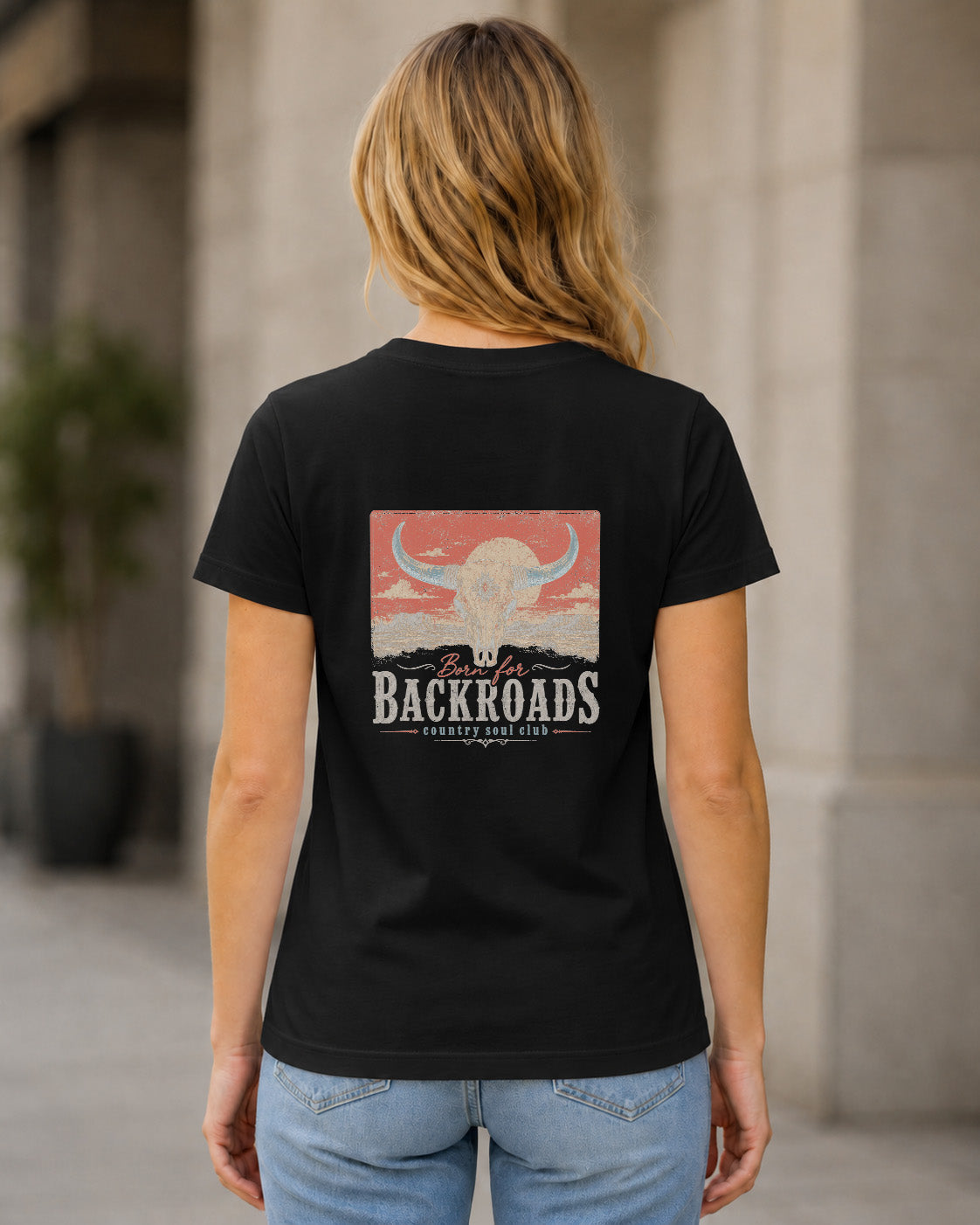 Backroads T-Shirt – Frauen Shirt Schwarz, Rückenprint