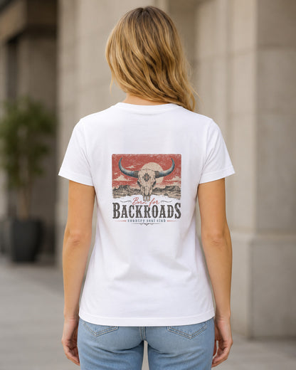 Backroads T-Shirt – Frauen Shirt Weiss, Rückenprint