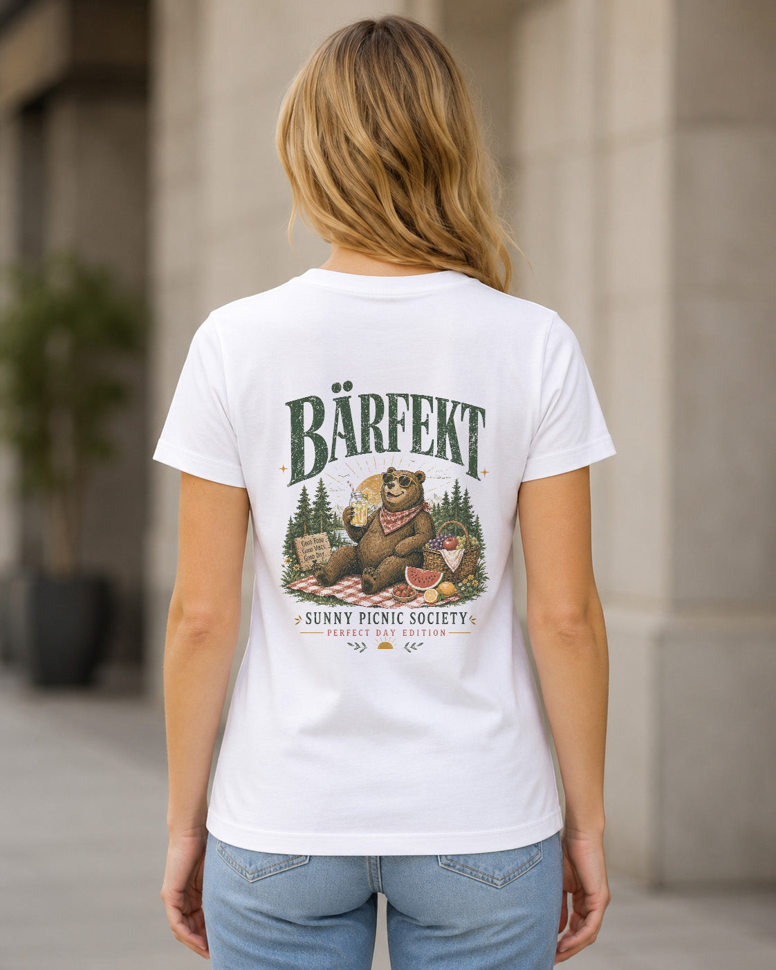 Bärfekt T-Shirt – Frauen Shirt Weiss, Rückenprint