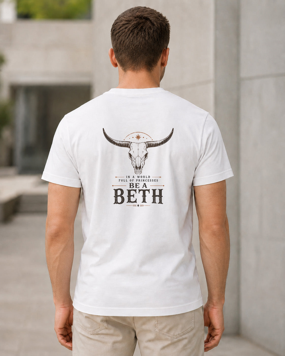 Be A Beth T-Shirt – Bio-Baumwolle Shirt Weiss, Rückenprint