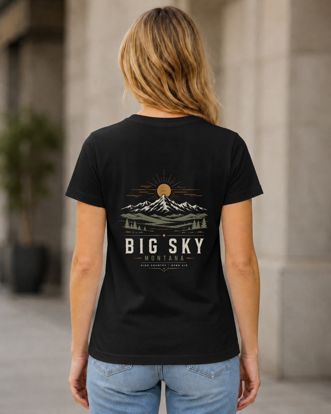 Big Sky T-Shirt – Frauen Shirt Schwarz, Rückenprint