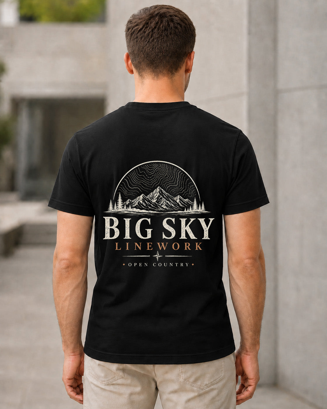 Big Sky Linework T-Shirt – Bio-Baumwolle Shirt Schwarz, Rückenprint