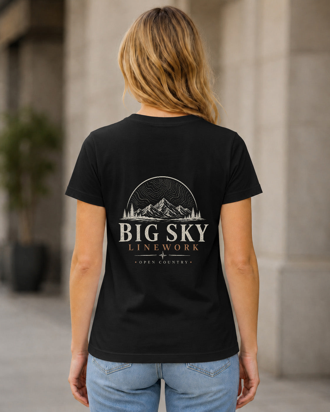 Big Sky Linework T-Shirt – Frauen Shirt Schwarz, Rückenprint