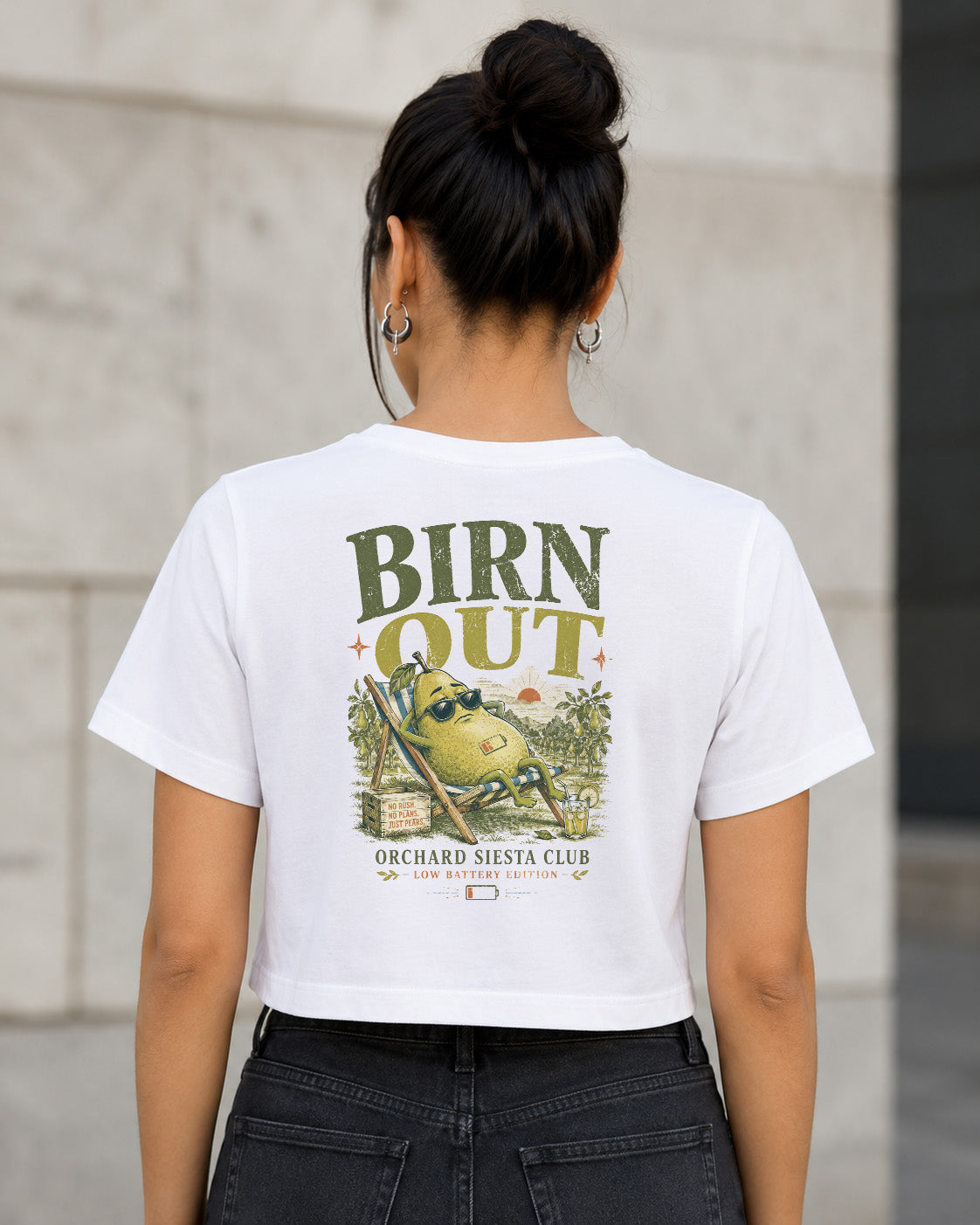 Birn Out T-Shirt – Frauen Crop Shirt Weiss, Rückenprint