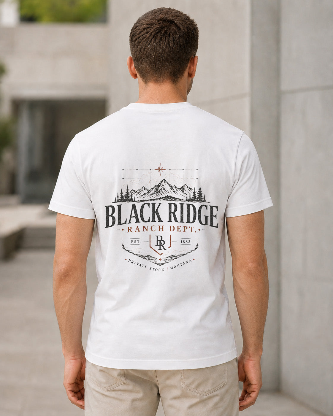 Black Ridge Ranch T-Shirt – Bio-Baumwolle Shirt Weiss, Rückenprint