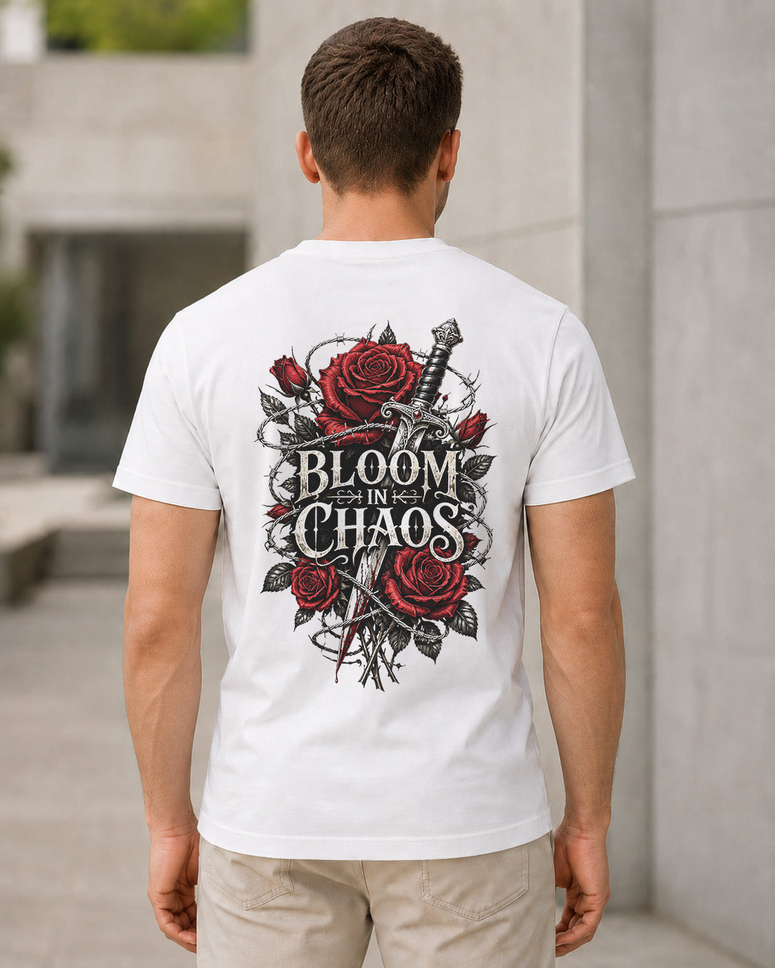 Bloom in Chaos T-Shirt – Bio-Baumwolle Shirt Weiss, Rückenprint