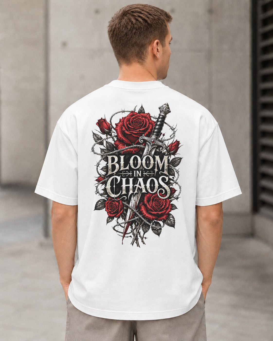 Bloom in Chaos T-Shirt – Heavyweight Oversize Shirt Weiss, Rückenprint