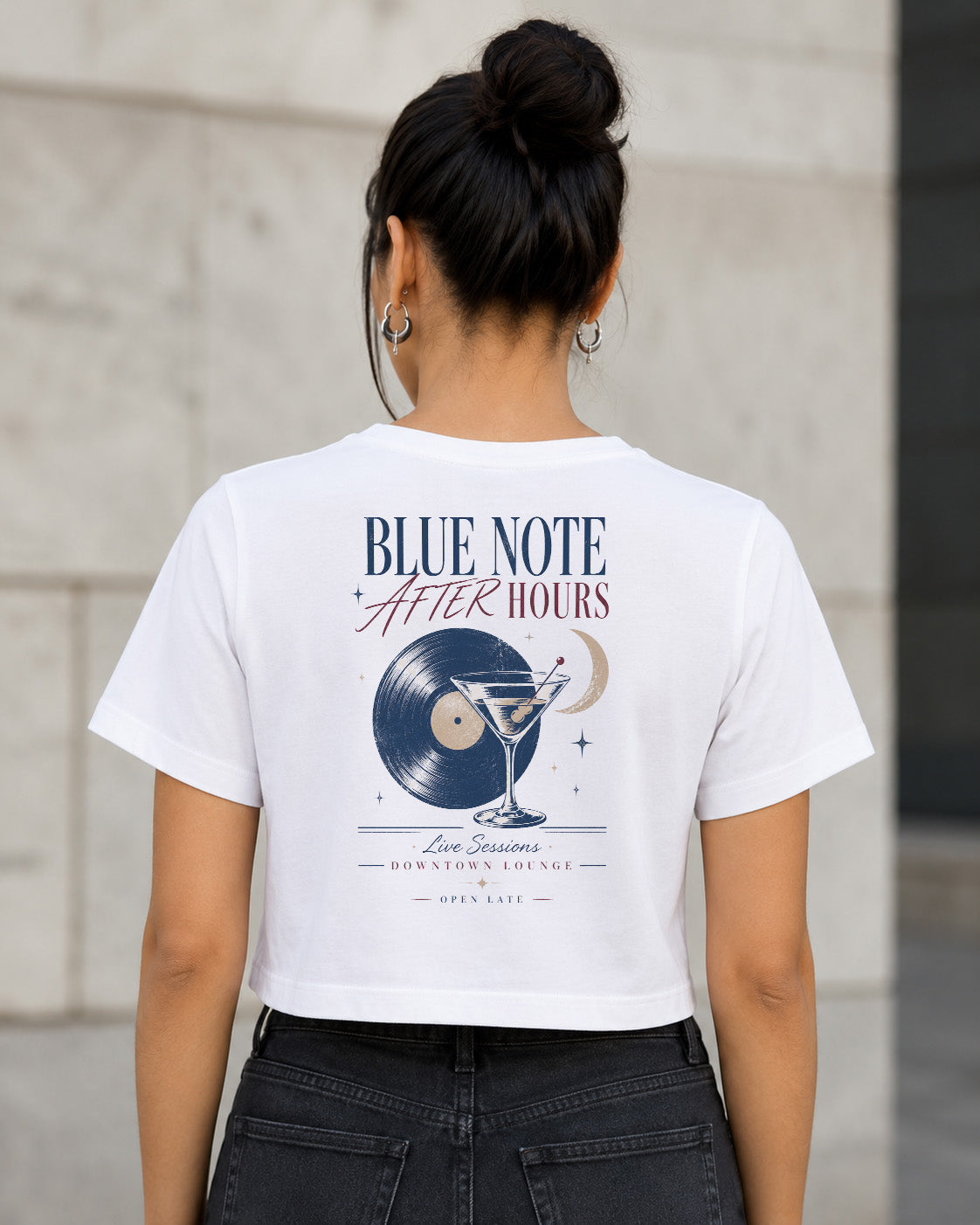 Blue Note After Hours T-Shirt – Frauen Crop Shirt Weiss, Rückenprint