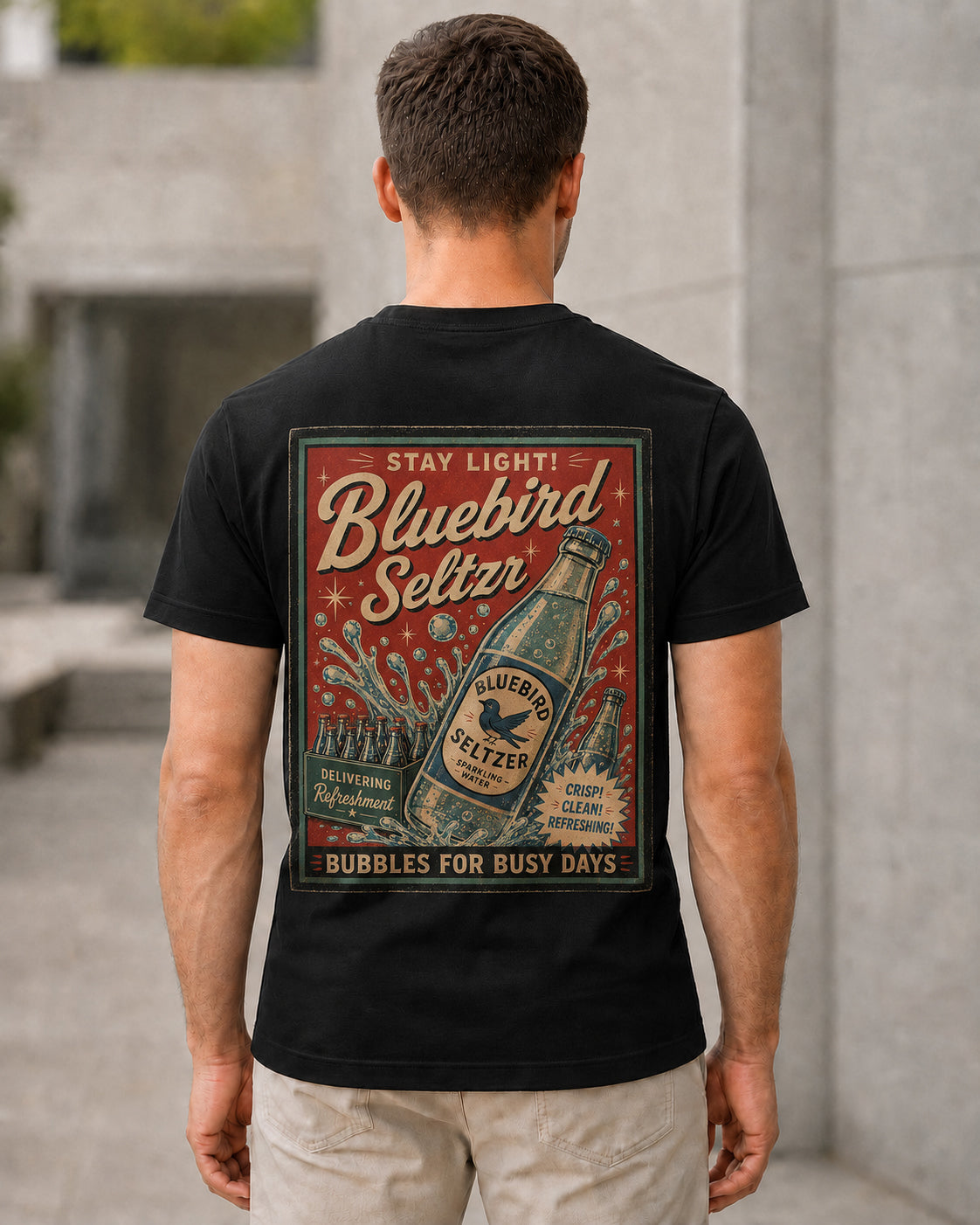Bluebird Seltzer T-Shirt – Bio-Baumwolle Shirt Schwarz, Rückenprint