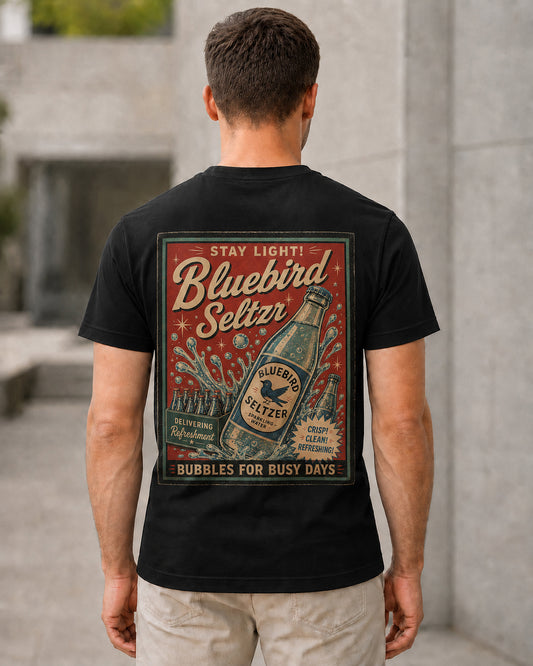 Bluebird Seltzer T-Shirt – Bio-Baumwolle Shirt Schwarz, Rückenprint