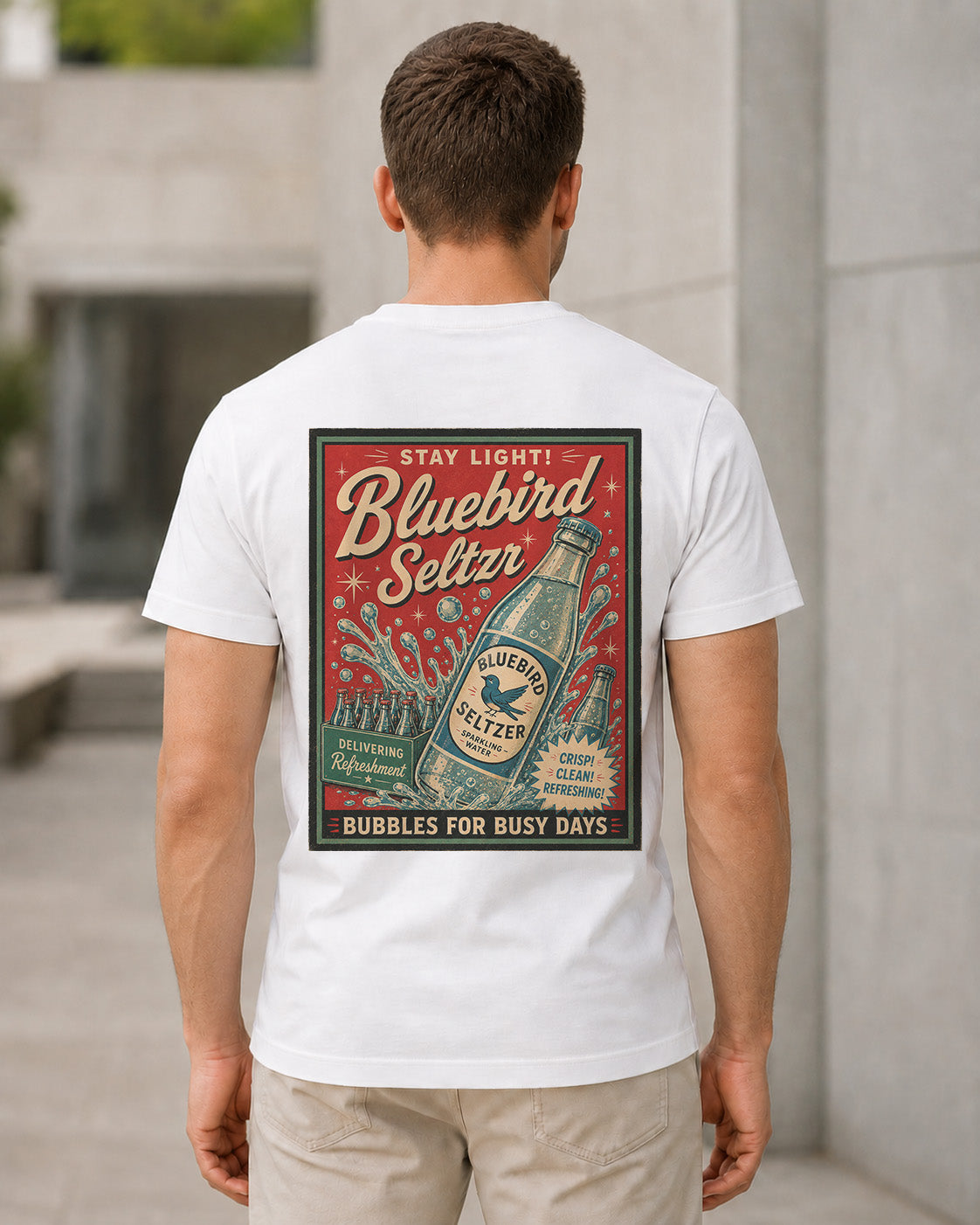 Bluebird Seltzer T-Shirt – Bio-Baumwolle Shirt Weiss, Rückenprint