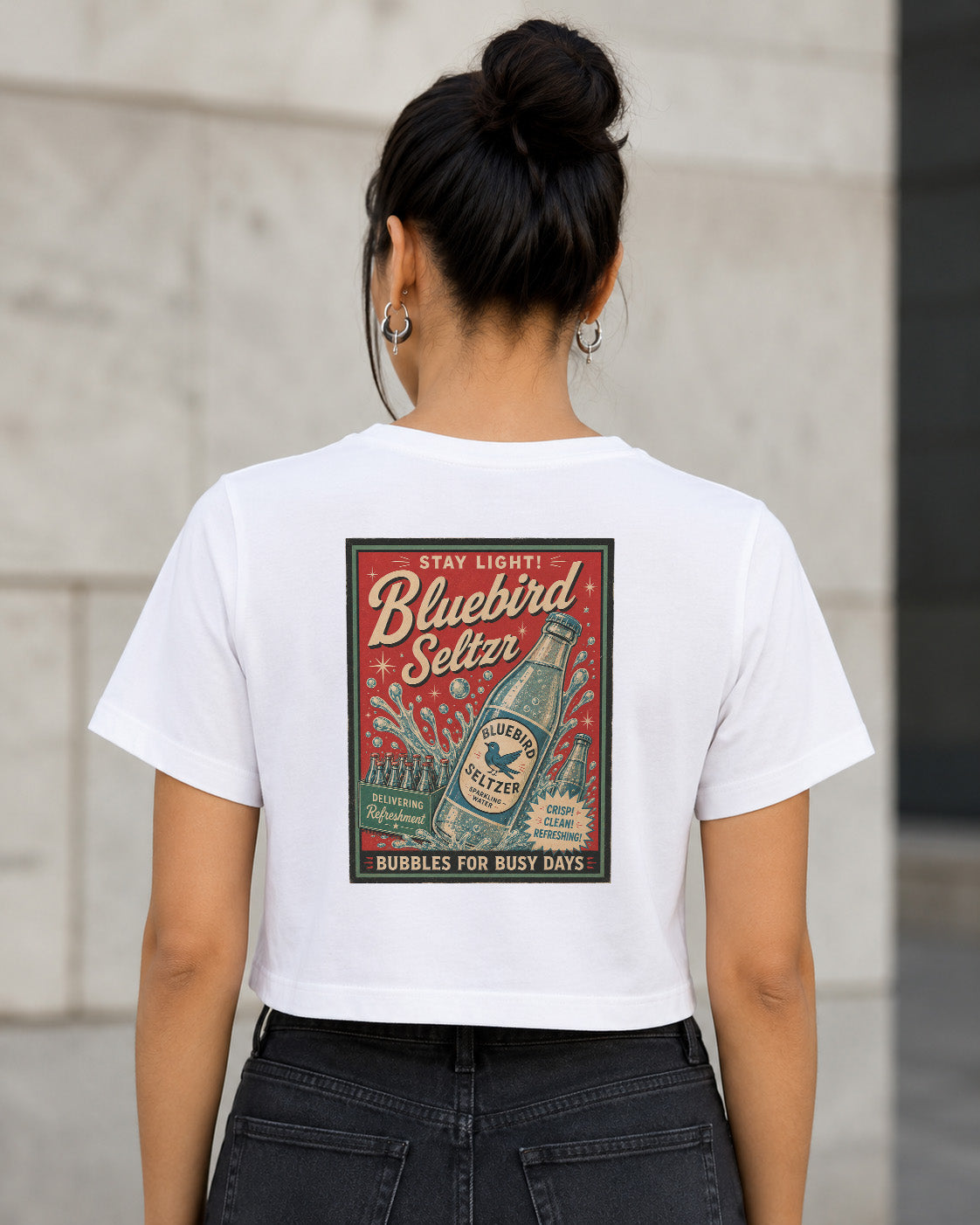 Bluebird Seltzer T-Shirt – Frauen Crop Shirt Weiss, Rückenprint