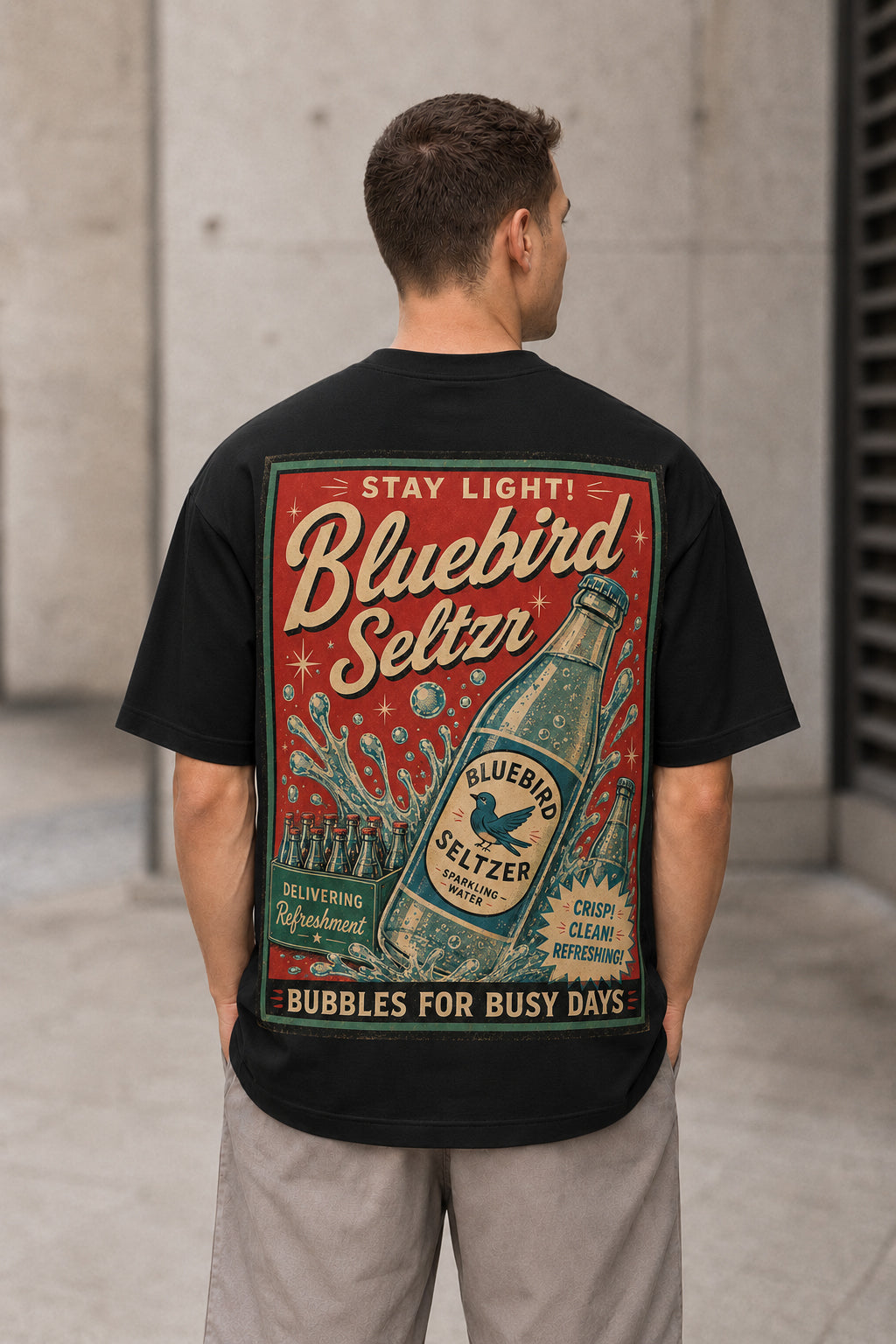 Bluebird Seltzer T-Shirt – Heavyweight Oversize Shirt Schwarz, Rückenprint
