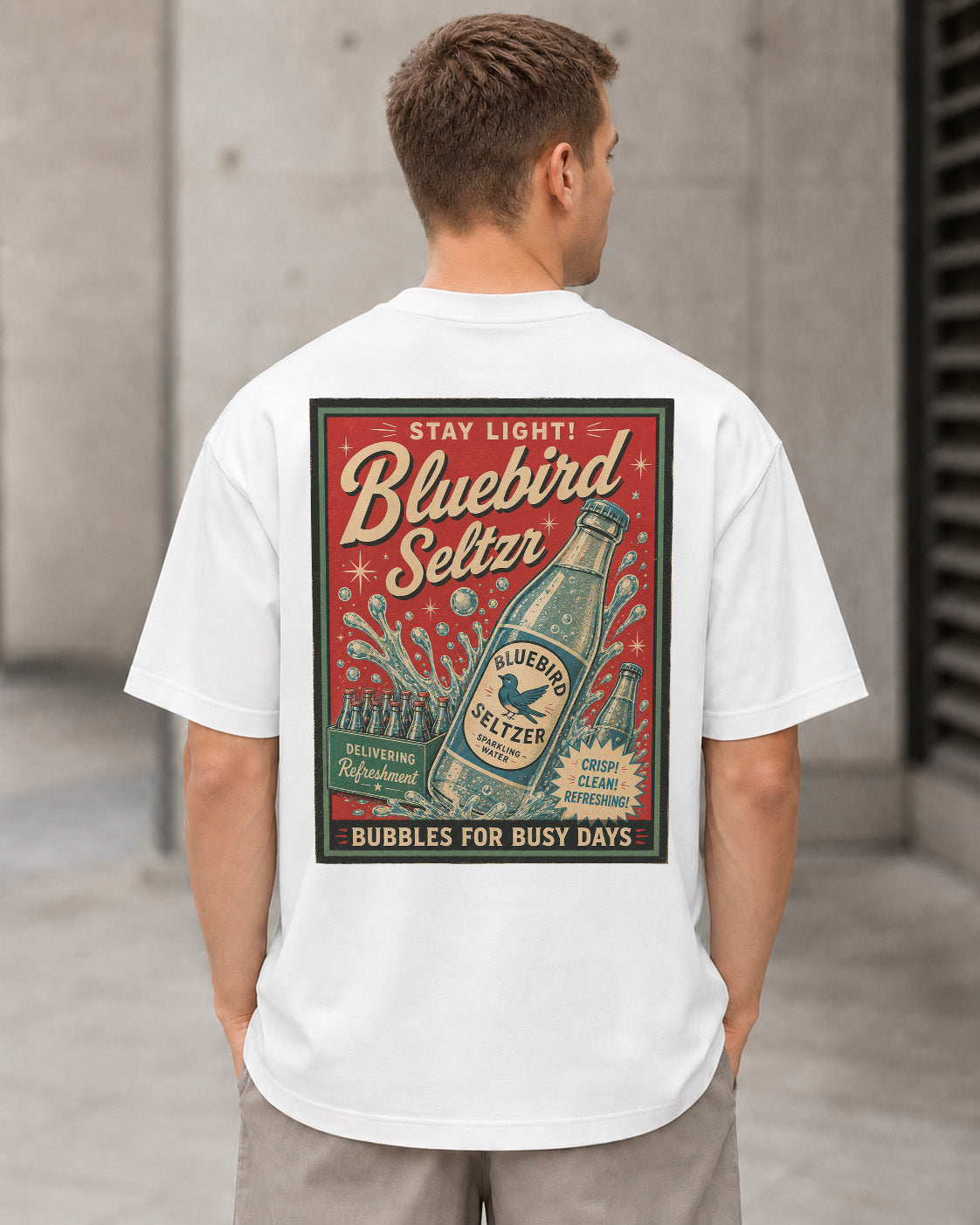 Bluebird Seltzer T-Shirt – Heavyweight Oversize Shirt Weiss, Rückenprint