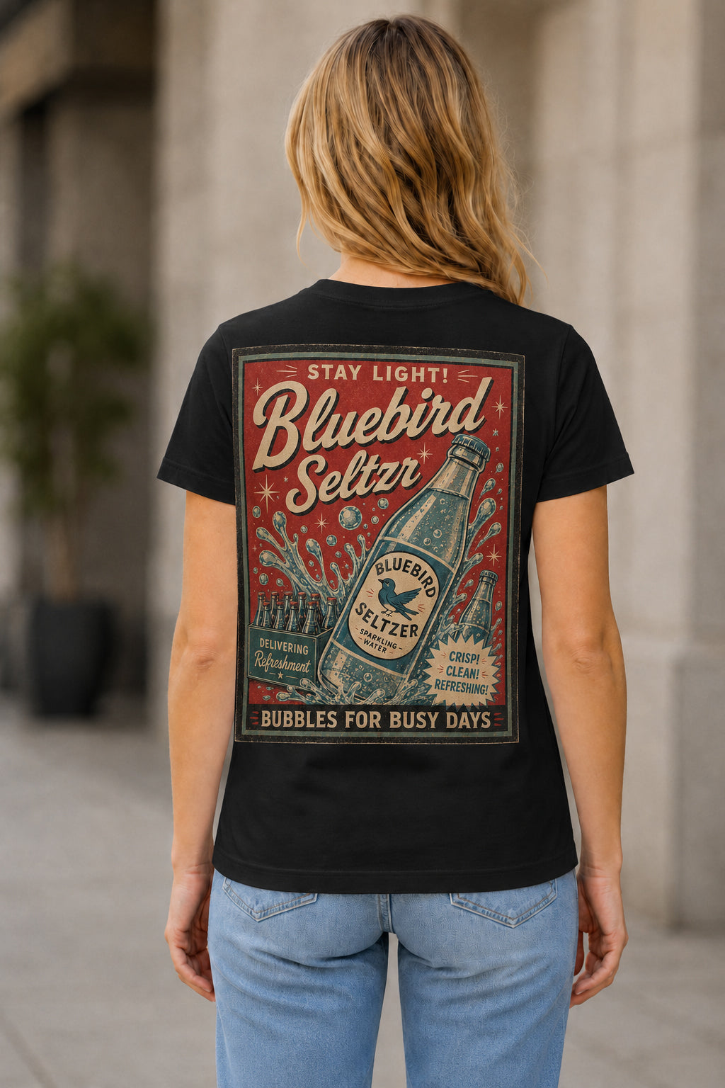 Bluebird Seltzer T-Shirt – Frauen Shirt Schwarz, Rückenprint