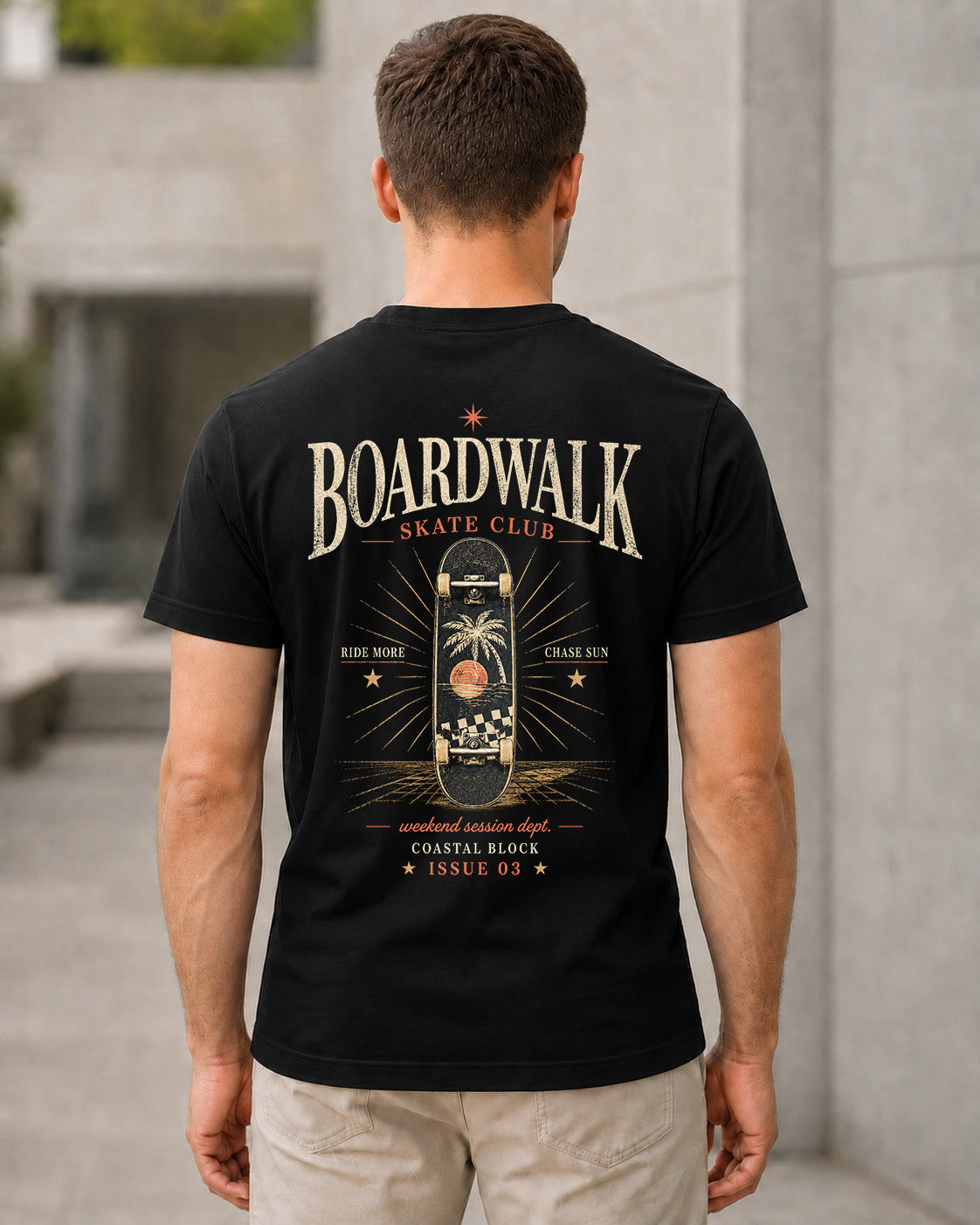 Boardwalk Skate Club T-Shirt – Bio-Baumwolle Shirt Schwarz, Rückenprint