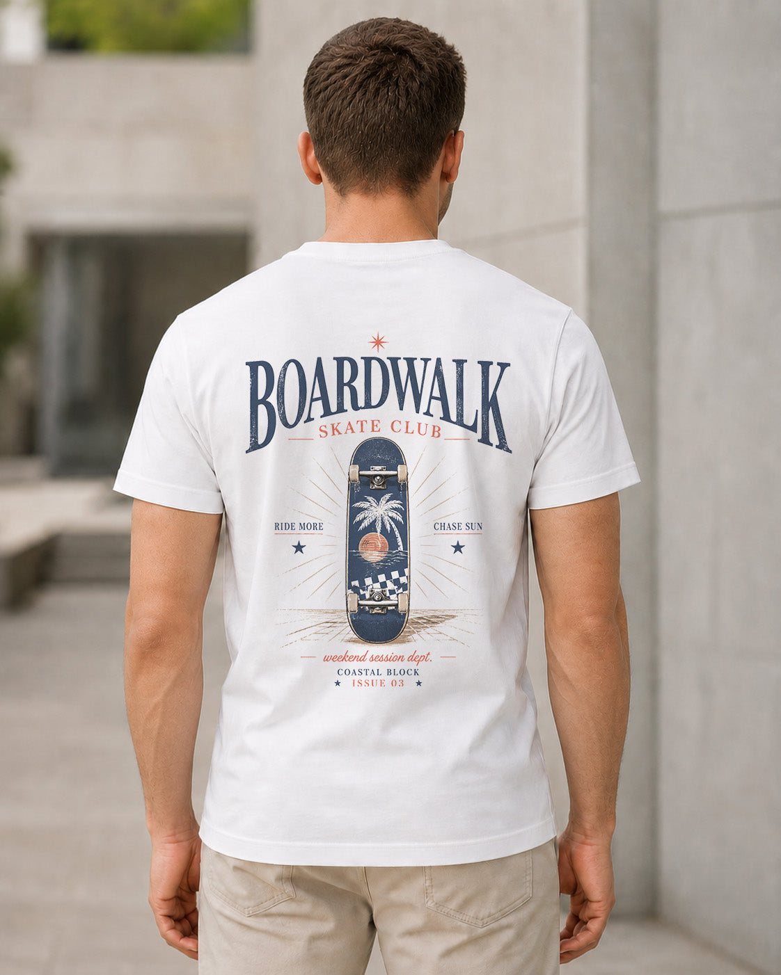 Boardwalk Skate Club T-Shirt – Bio-Baumwolle Shirt Weiss, Rückenprint