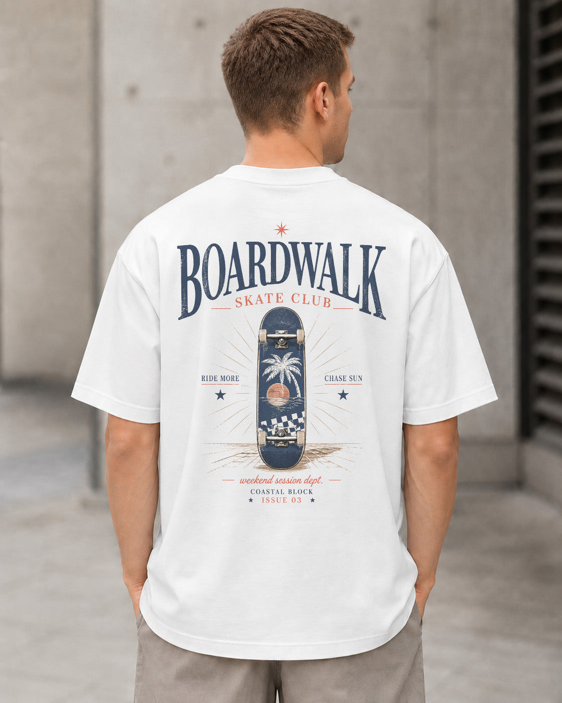 Boardwalk Skate Club T-Shirt – Heavyweight Oversize Shirt Weiss, Rückenprint