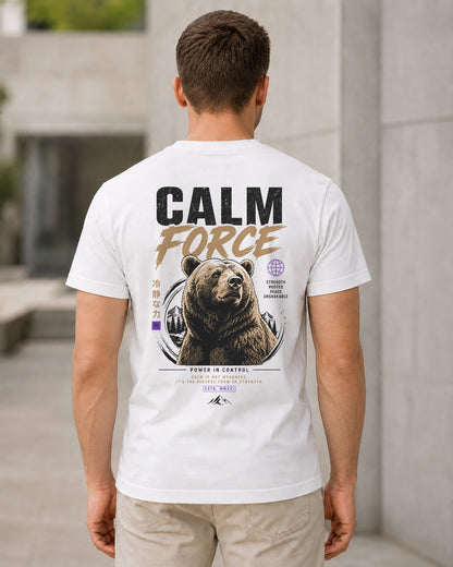 Calm Force T-Shirt – Bio-Baumwolle Shirt Weiss, Rückenprint