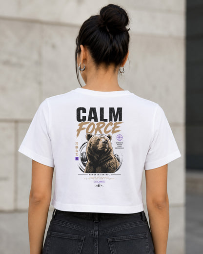 Calm Force T-Shirt – Frauen Crop Shirt Weiss, Rückenprint