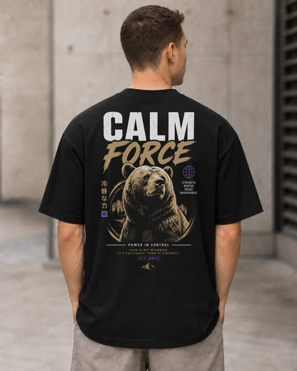 Calm Force T-Shirt – Heavyweight Oversize Shirt Schwarz, Rückenprint