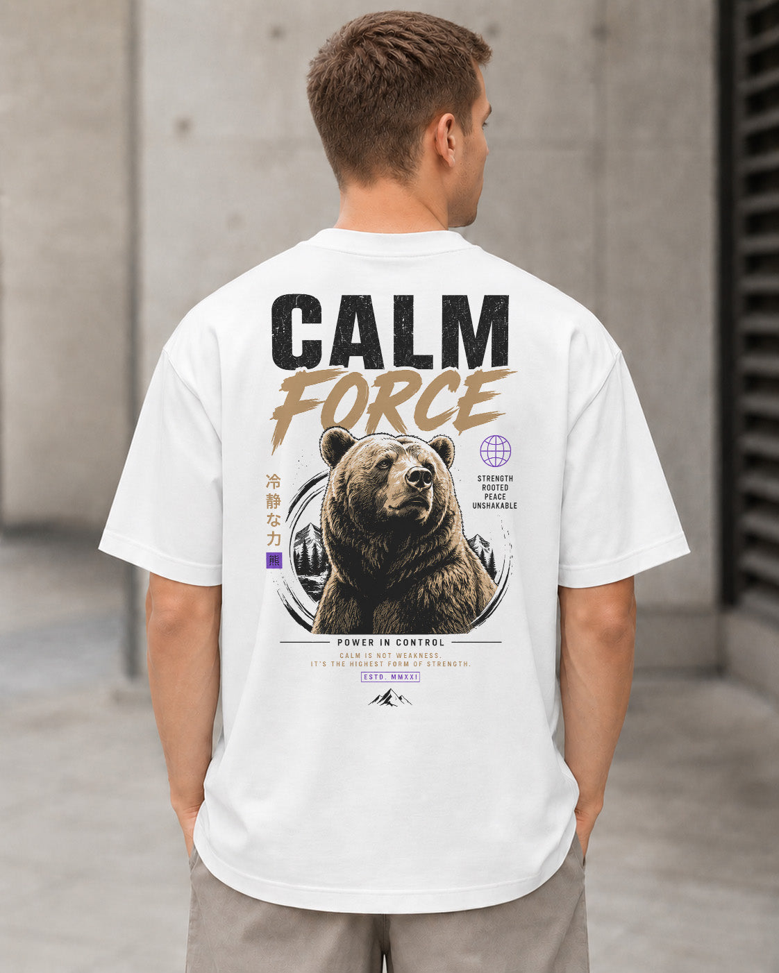 Calm Force T-Shirt – Heavyweight Oversize Shirt Weiss, Rückenprint