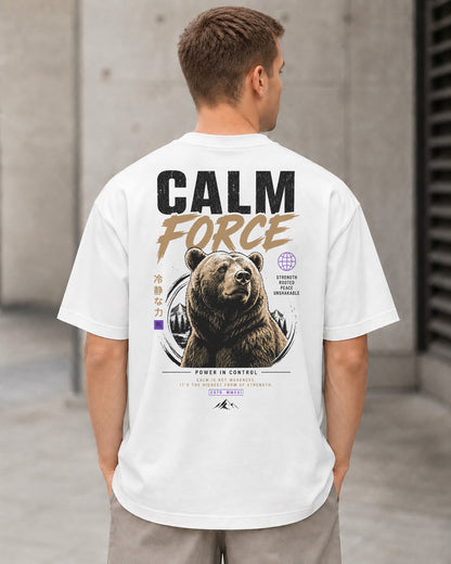 Calm Force T-Shirt – Heavyweight Oversize Shirt Weiss, Rückenprint