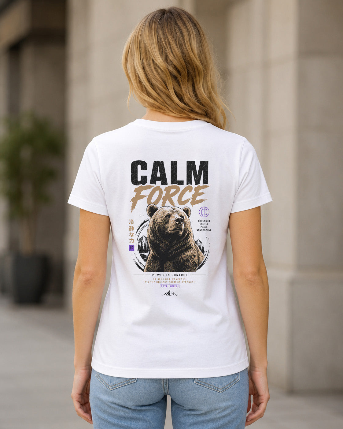 Calm Force T-Shirt – Frauen Shirt Weiss, Rückenprint