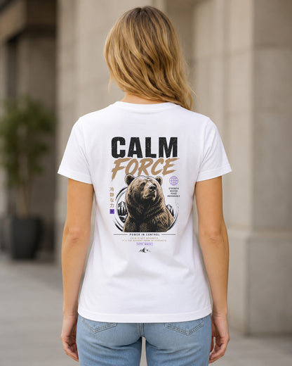 Calm Force T-Shirt – Frauen Shirt Weiss, Rückenprint