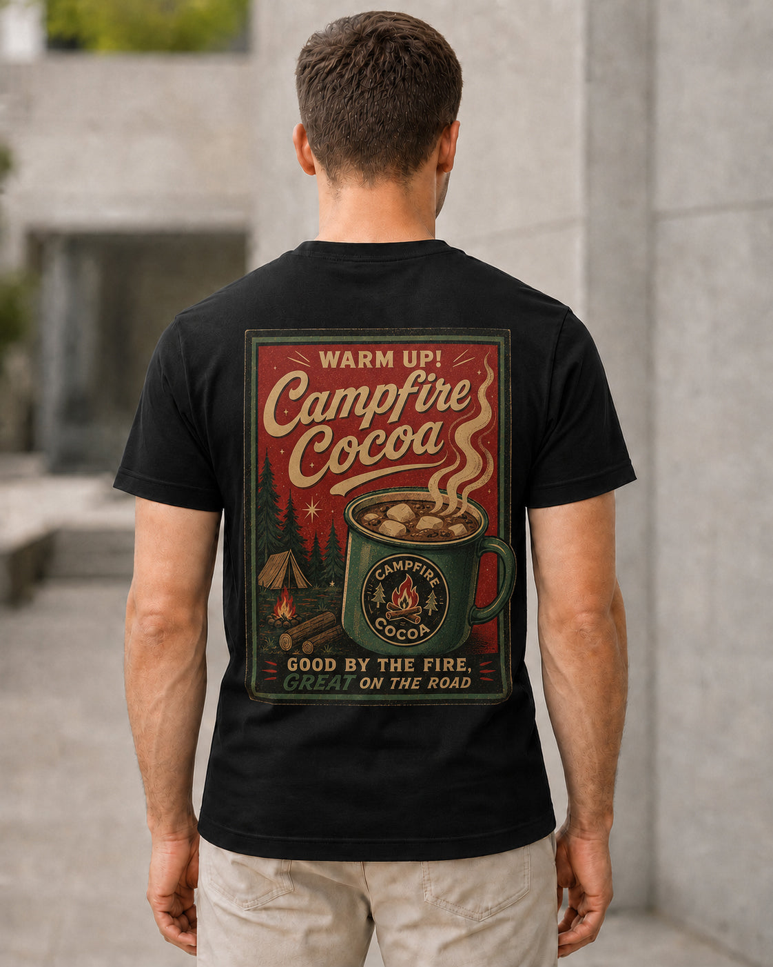 Campfire Cocoa T-Shirt – Bio-Baumwolle Shirt Schwarz, Rückenprint
