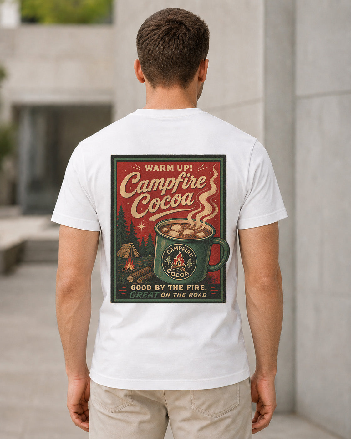 Campfire Cocoa T-Shirt – Bio-Baumwolle Shirt Weiss, Rückenprint