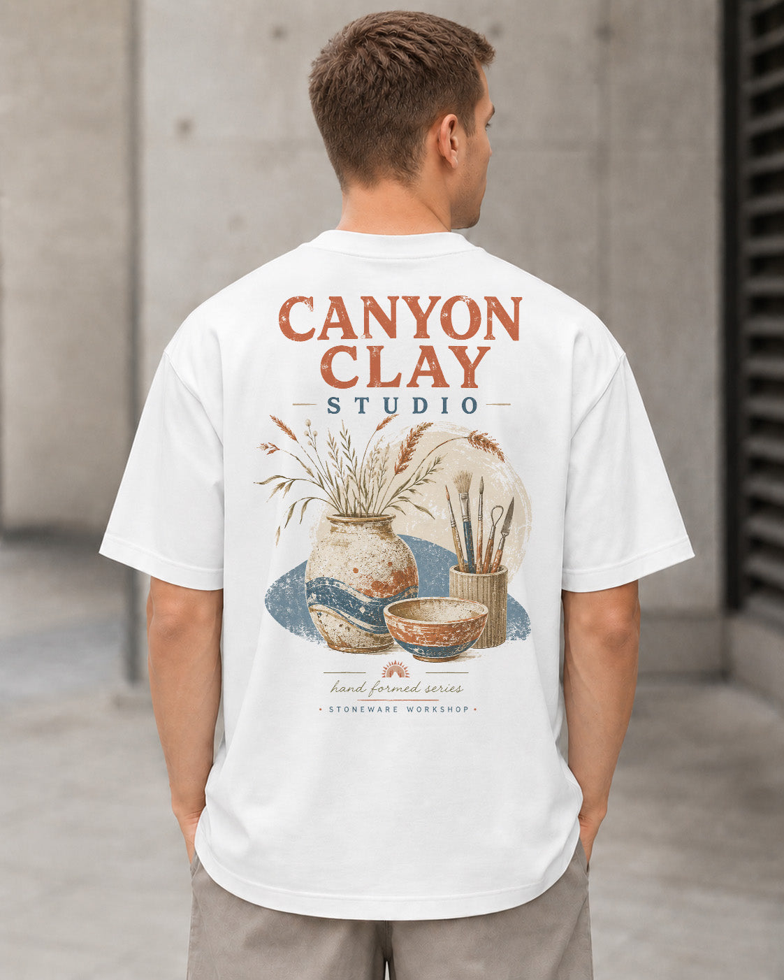 Canyon Clay Studio T-Shirt – Heavyweight Oversize Shirt Weiss, Rückenprint