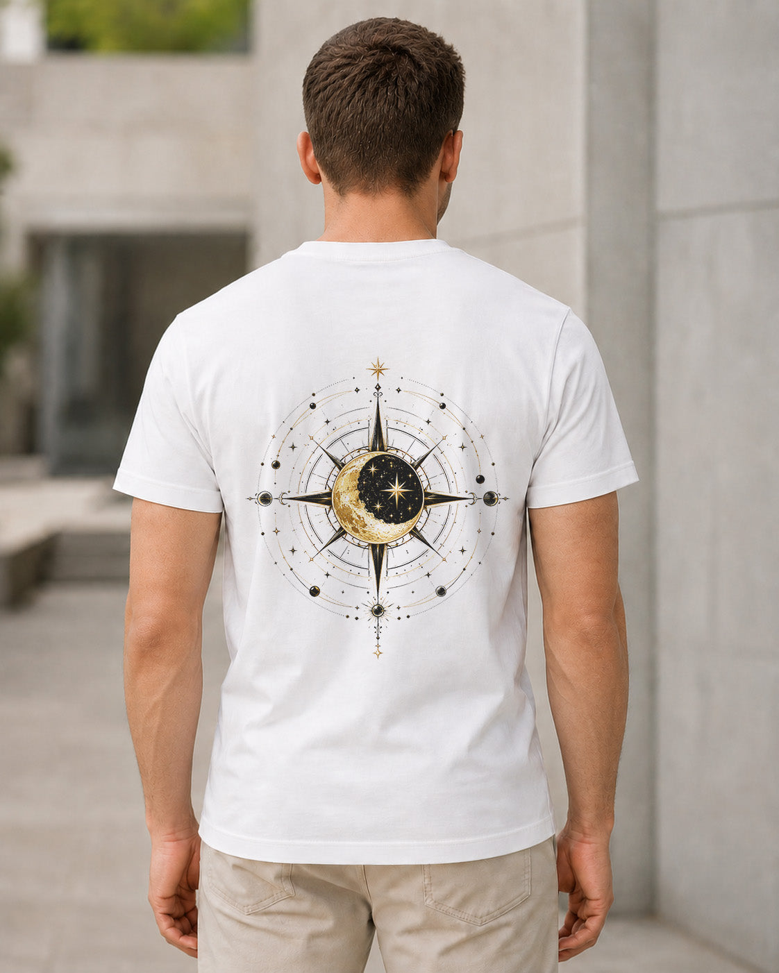 Celestial Compass T-Shirt – Bio-Baumwolle Shirt Weiss, Rückenprint