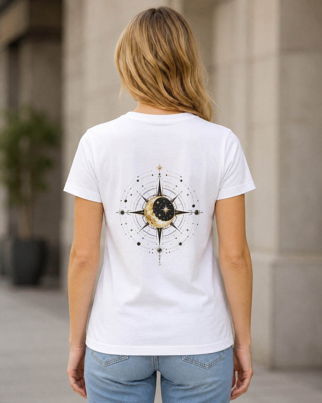 Celestial Compass T-Shirt – Frauen Shirt Weiss, Rückenprint
