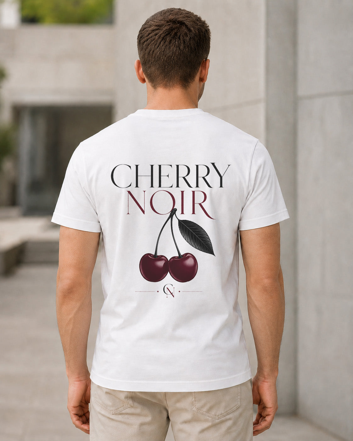 Cherry Noir T-Shirt – Bio-Baumwolle Shirt Weiss, Rückenprint