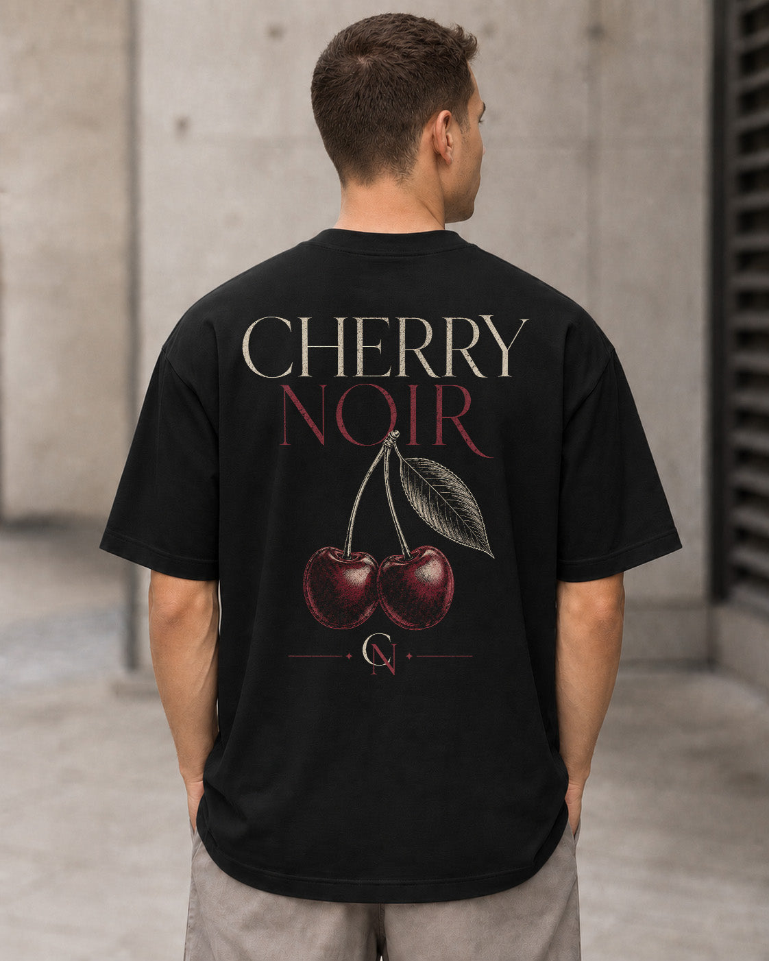 Cherry Noir T-Shirt – Heavyweight Oversize Shirt Schwarz, Rückenprint
