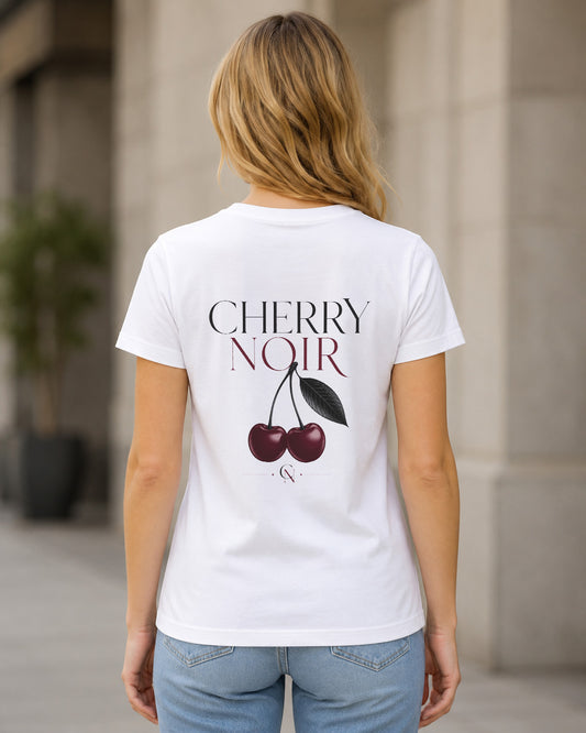 Cherry Noir T-Shirt – Frauen Shirt Weiss, Rückenprint