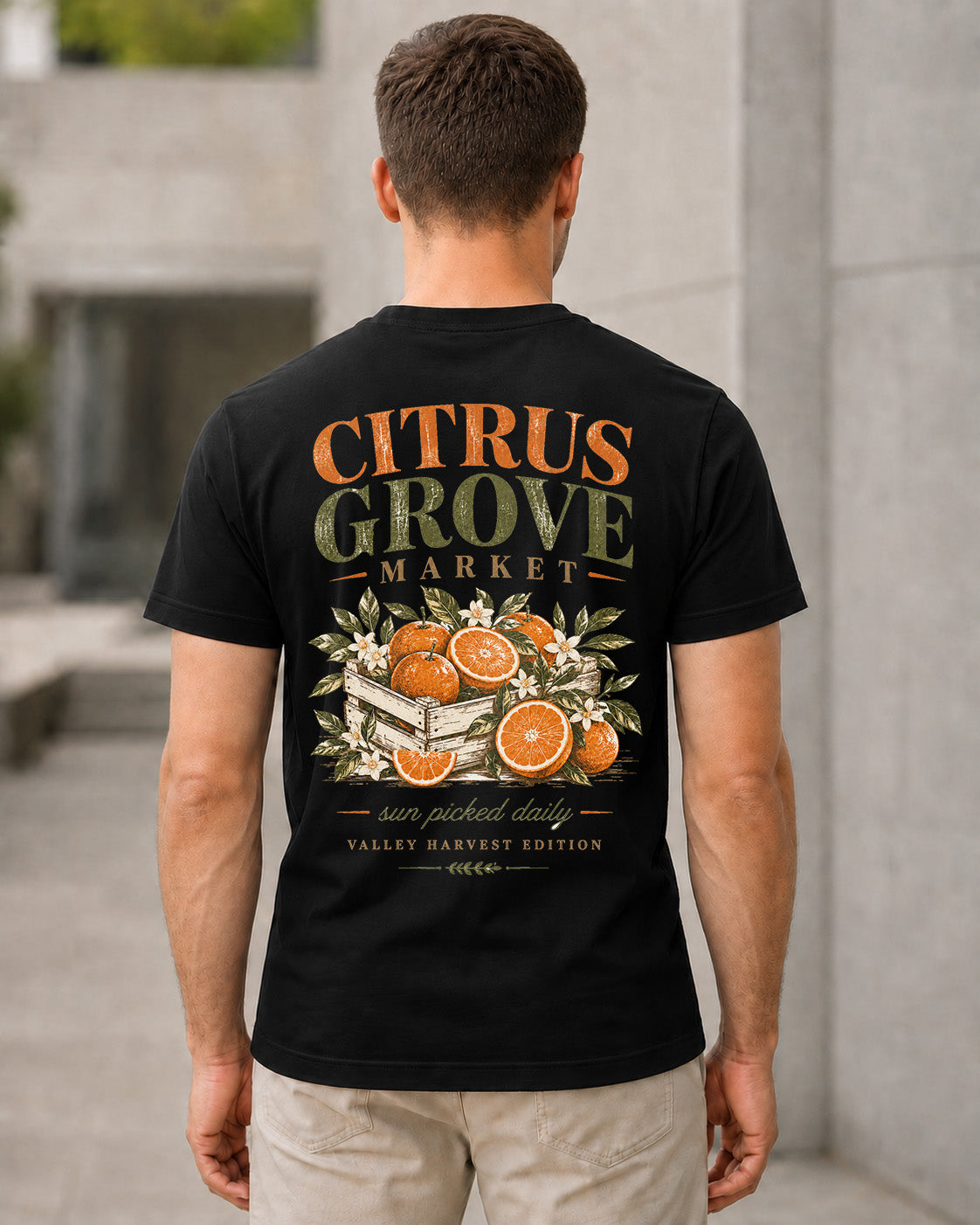 Citrus Grove Market T-Shirt – Bio-Baumwolle Shirt Schwarz, Rückenprint