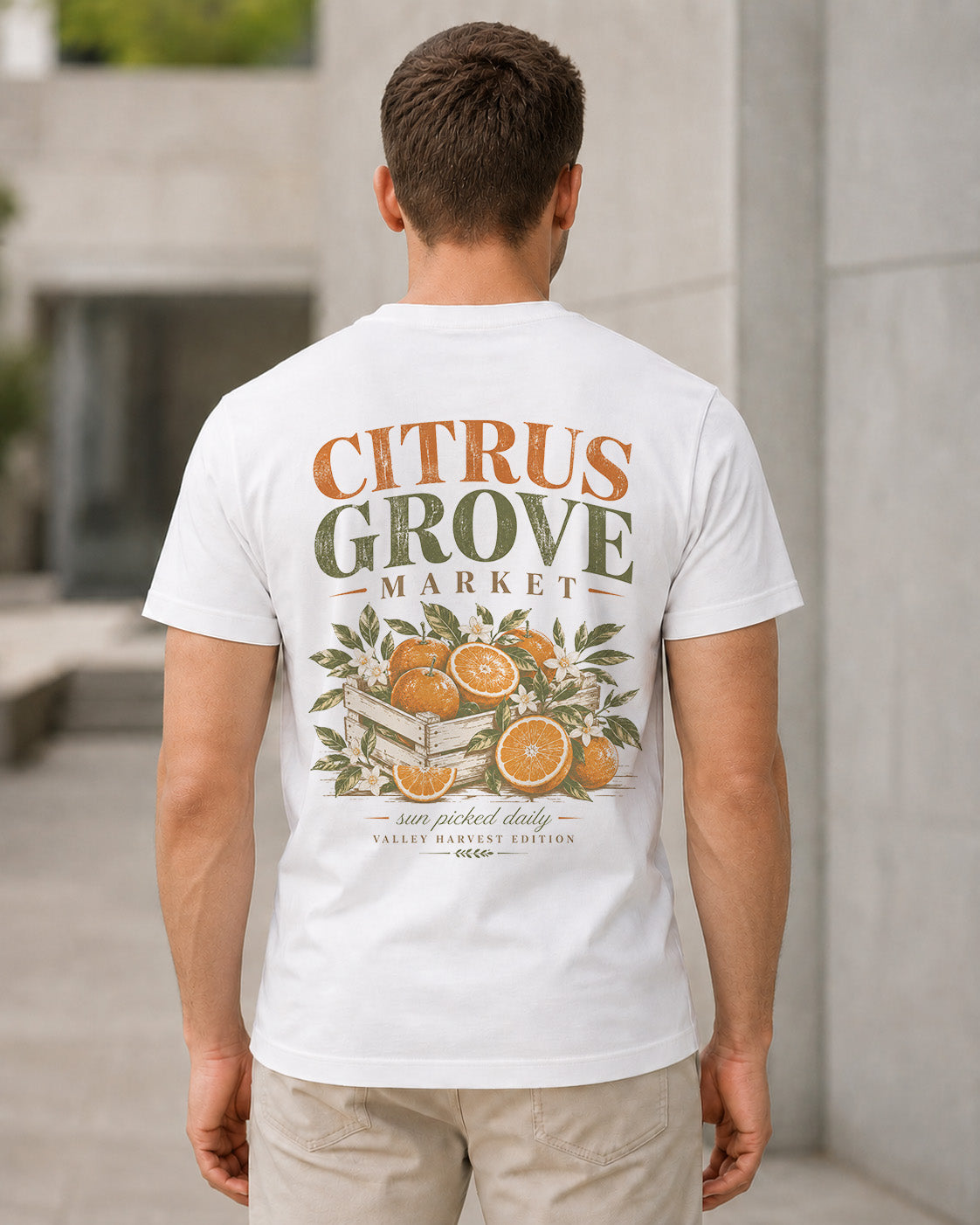 Citrus Grove Market T-Shirt – Bio-Baumwolle Shirt Weiss, Rückenprint