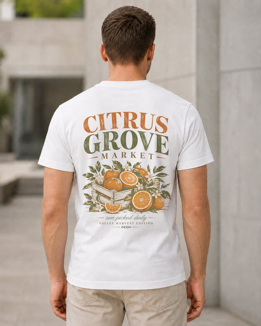 Citrus Grove Market T-Shirt – Bio-Baumwolle Shirt Weiss, Rückenprint