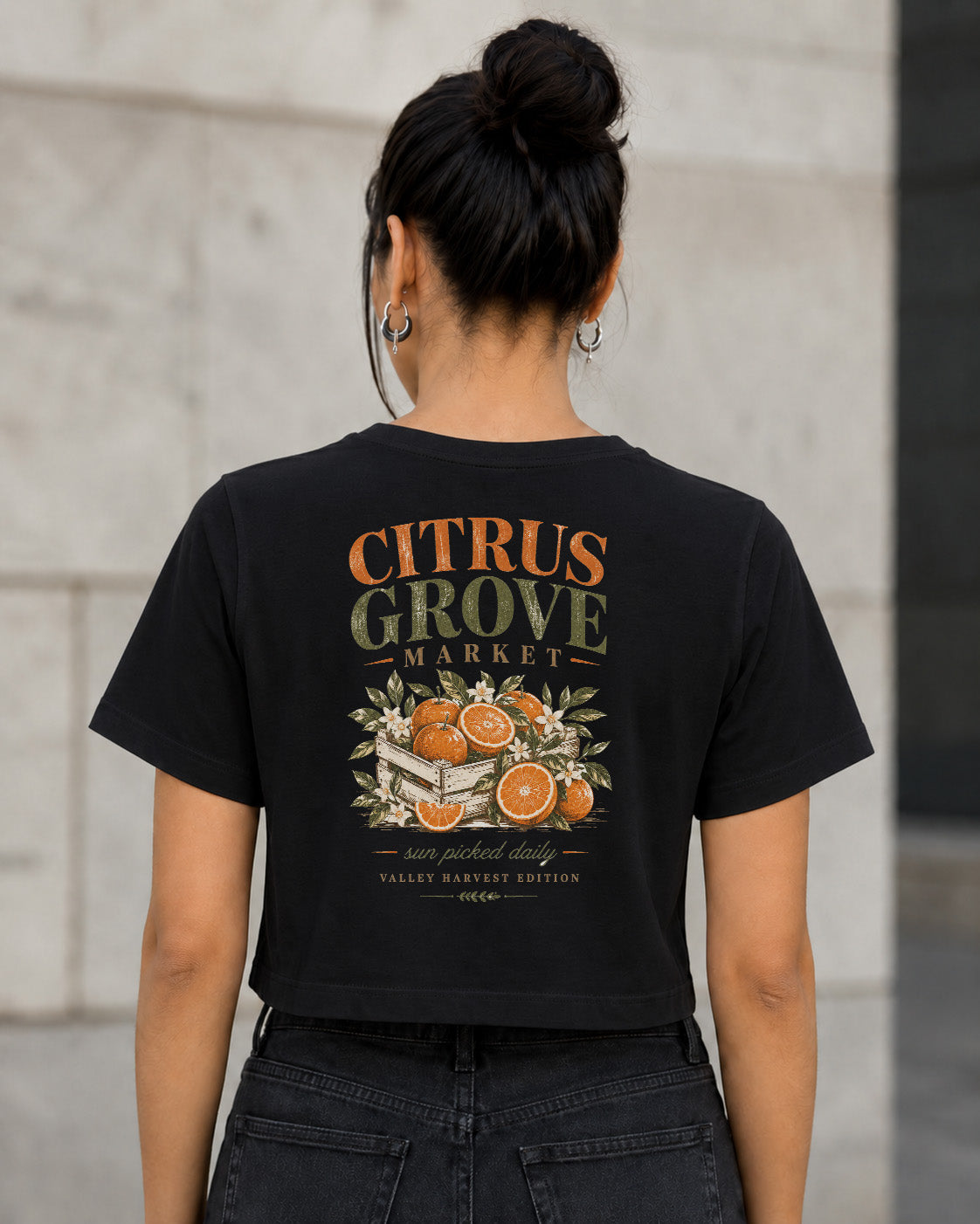 Citrus Grove Market T-Shirt – Frauen Crop Shirt Schwarz, Rückenprint