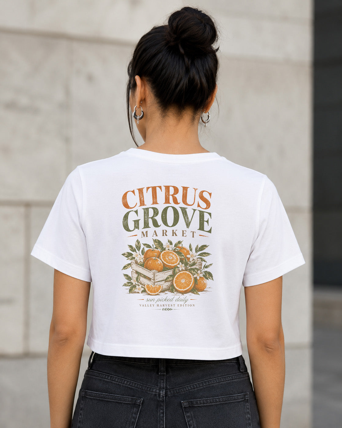 Citrus Grove Market T-Shirt – Frauen Crop Shirt Weiss, Rückenprint