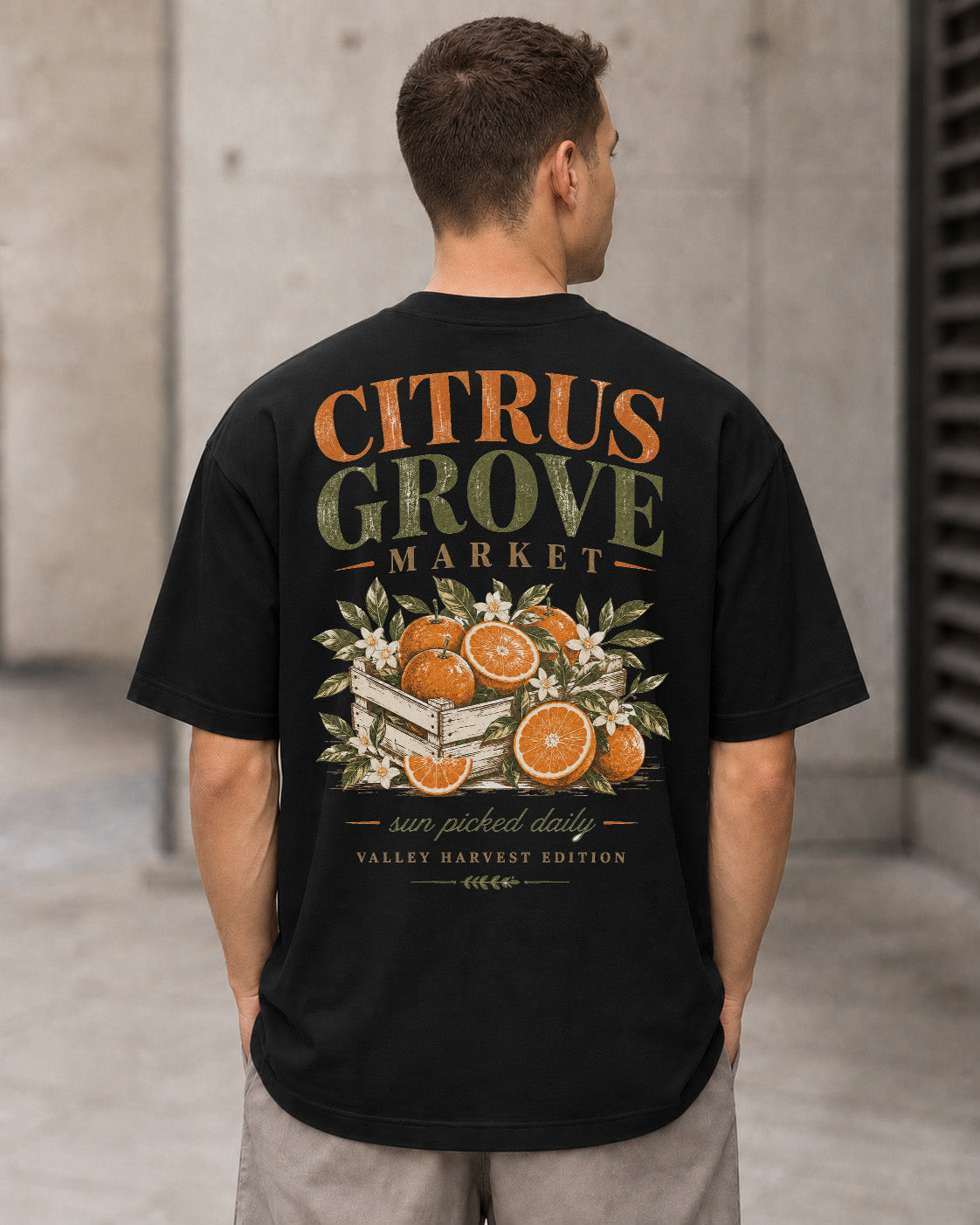 Citrus Grove Market T-Shirt – Heavyweight Oversize Shirt Schwarz, Rückenprint