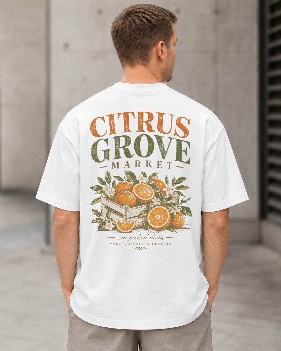 Citrus Grove Market T-Shirt – Heavyweight Oversize Shirt Weiss, Rückenprint