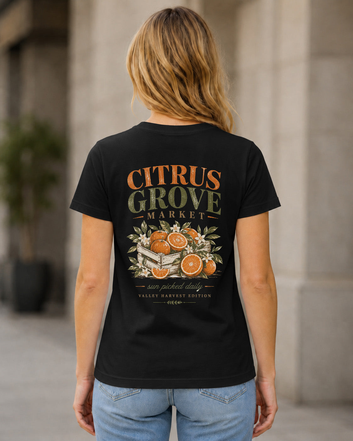 Citrus Grove Market T-Shirt – Frauen Shirt Schwarz, Rückenprint
