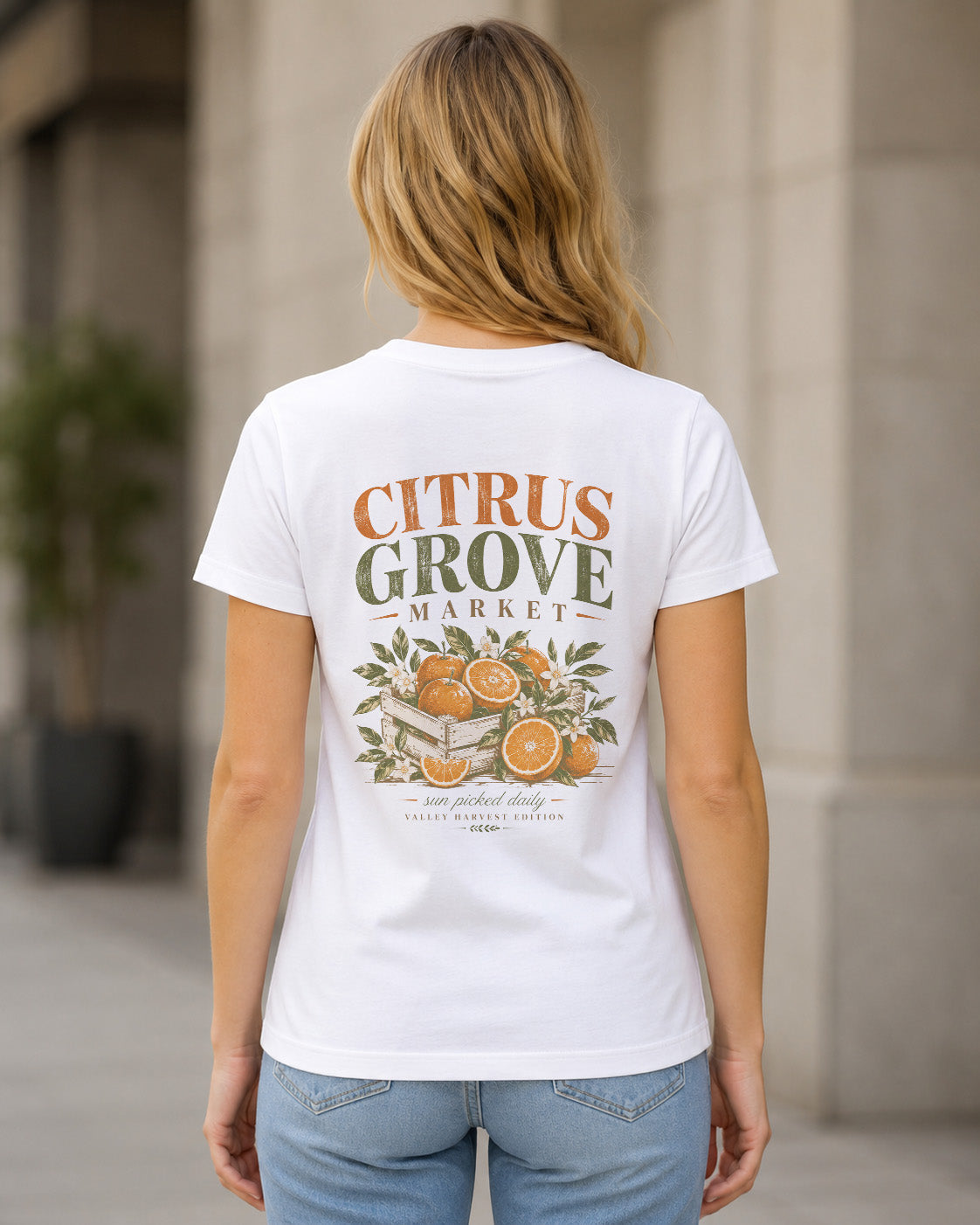Citrus Grove Market T-Shirt – Frauen Shirt Weiss, Rückenprint